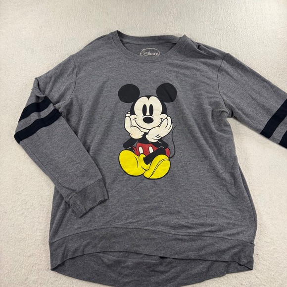 Disney Mickey Mouse Gray Long Sleeve T-Shirt Black Sleeve Stripes XL (15-17) - Picture 1 of 7